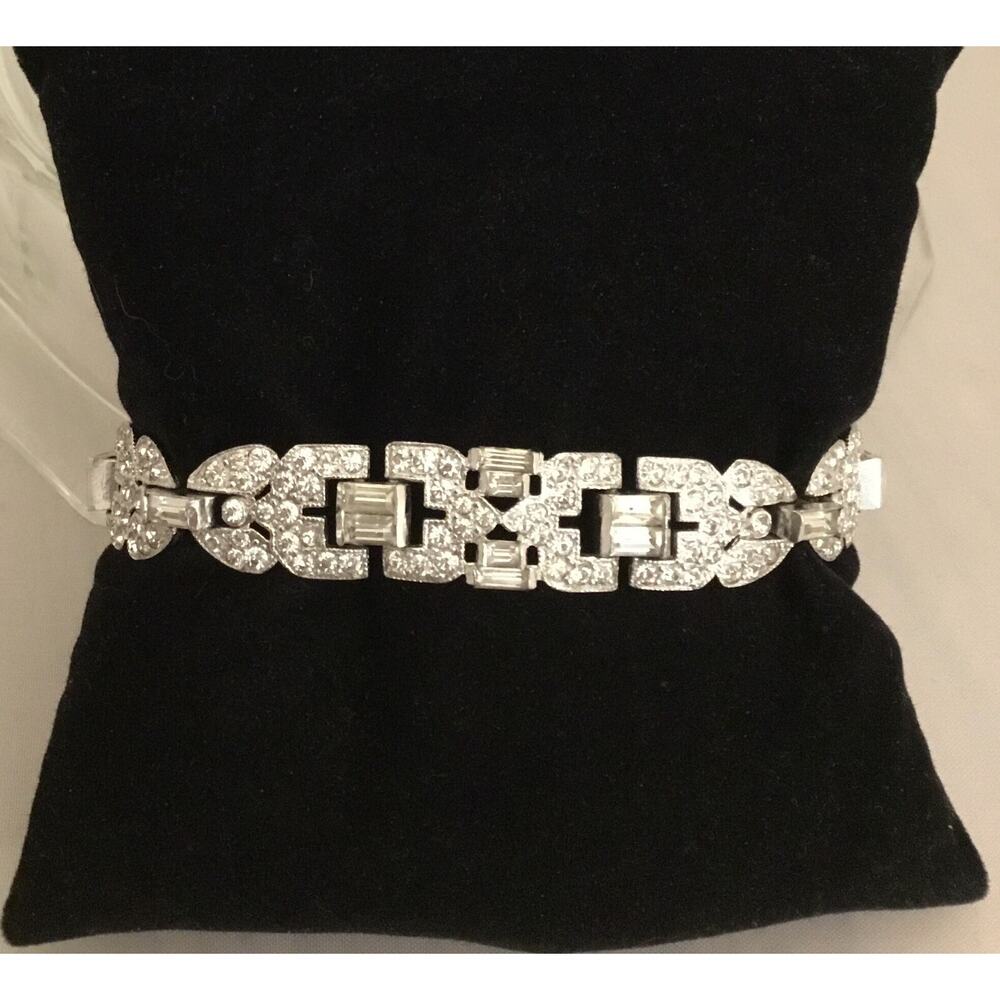 Vintage Ledo Art Deco Pave/Baguette Rhinestone Rhodium BRACELET w/Safety Chain